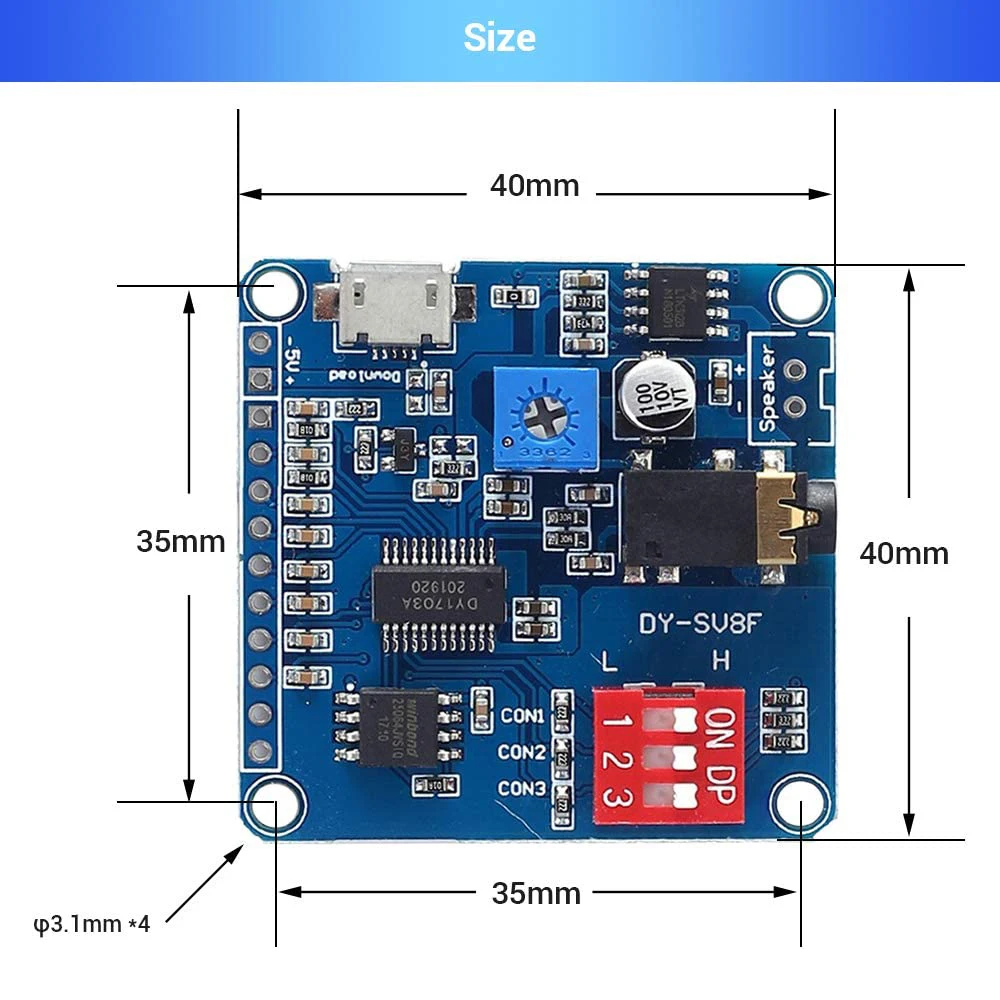 Voice Sound Playback Module Arduino MP3 Player Module UART I/O Trigger Class D Amplifier Board 5W 8M Storage DY-SV8F SD/TF Card