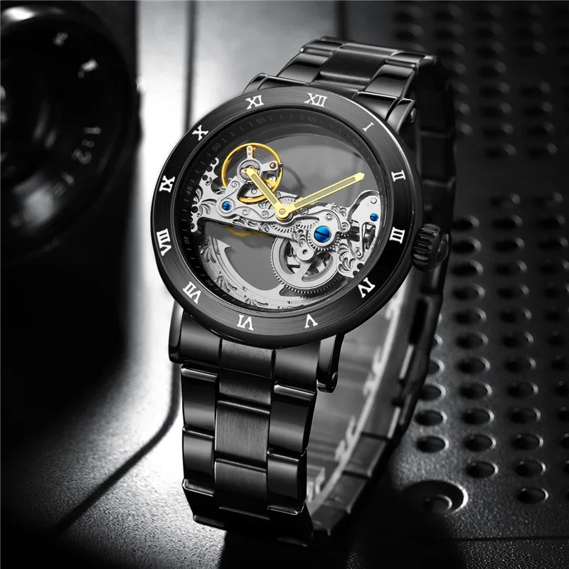 Forsining 208S Fashion Automatic Mechanical Watches Men Transparent Skeleton Leather Waterproof Steampunk Casual Business Watch