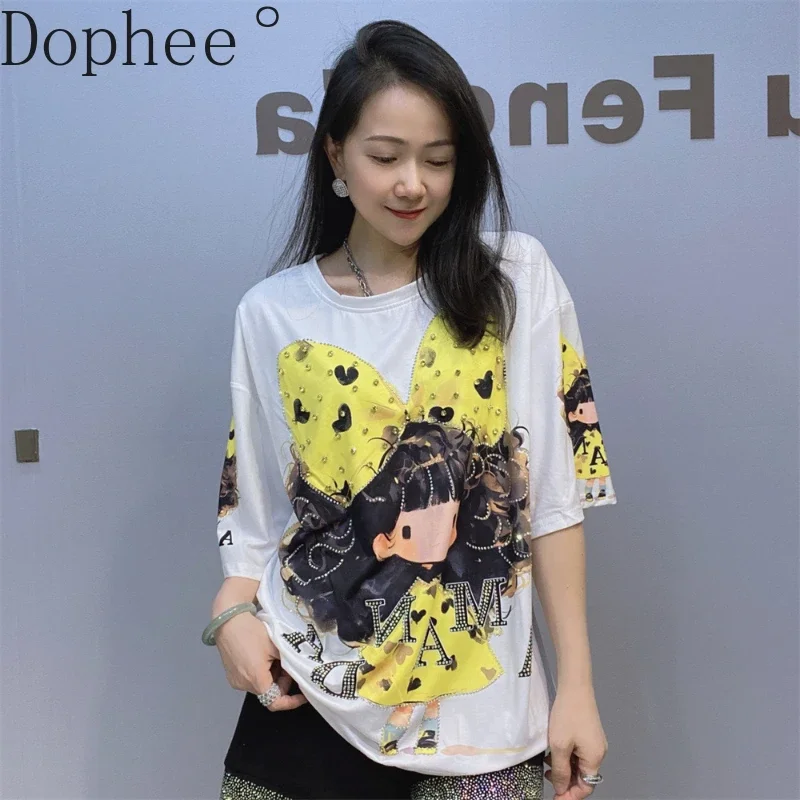 2025 New Summer Women Half Sleeve T-shirt All-match Cartoon Printed Diamonds Loose Tees O-neck Casual Pullover Large Size Top