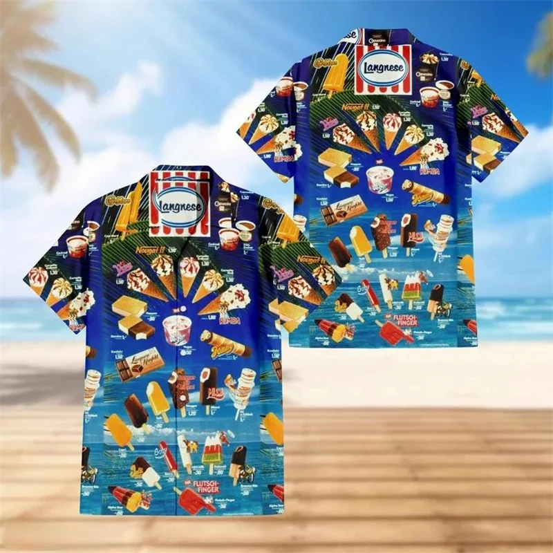 Classic Ice Cream Poster Hawaiian Shirt Holiday 3D Printed Ice-Cream Vintage Menu Summer Beach Suit Button Down Shirts Tops