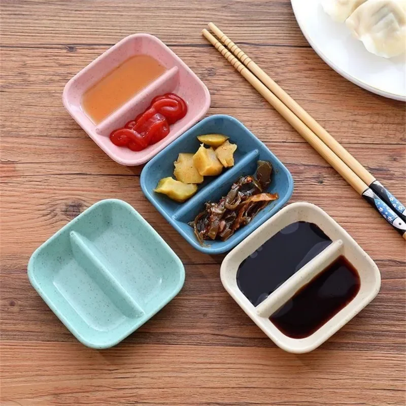 1PC Creative Colorful Double Grid Seasoning Dish Condiment Dipping Bowl Jam Salad Sauce Ketchup Soy Sauce Vinegar Pickles Plate