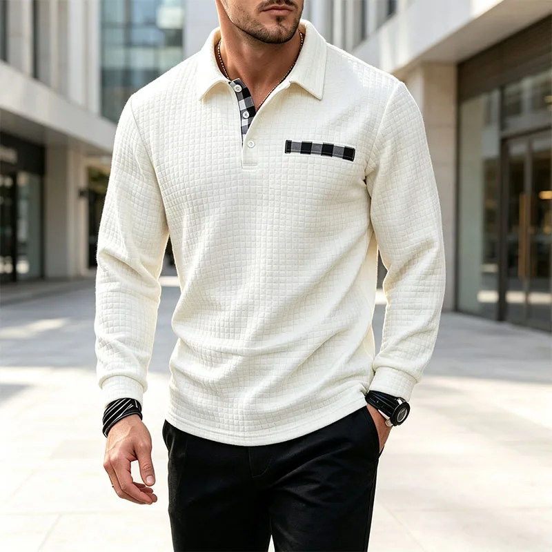 Autumn winter Men Textured Waffle Lapel Polo Sweatshirt Long Sleeve Casual Pullover Tops Patchwork Henley Collar Men clothing
