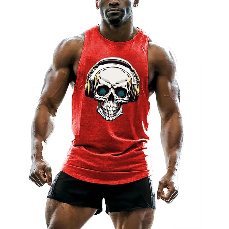 Fashion Skull Headphones Graphic Tank Tops For Men Trend Summer Hip Hop 3D Printed Vest Loose Street Breathable Gym Sports Tops