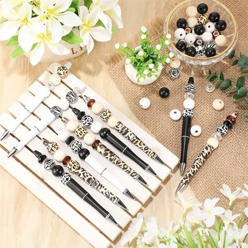 F19F Wooden Bead Pen Kits Beadable Pen Set Ballpoint Bead Pen DIY Material School Kids Beaded Pen Making Kits