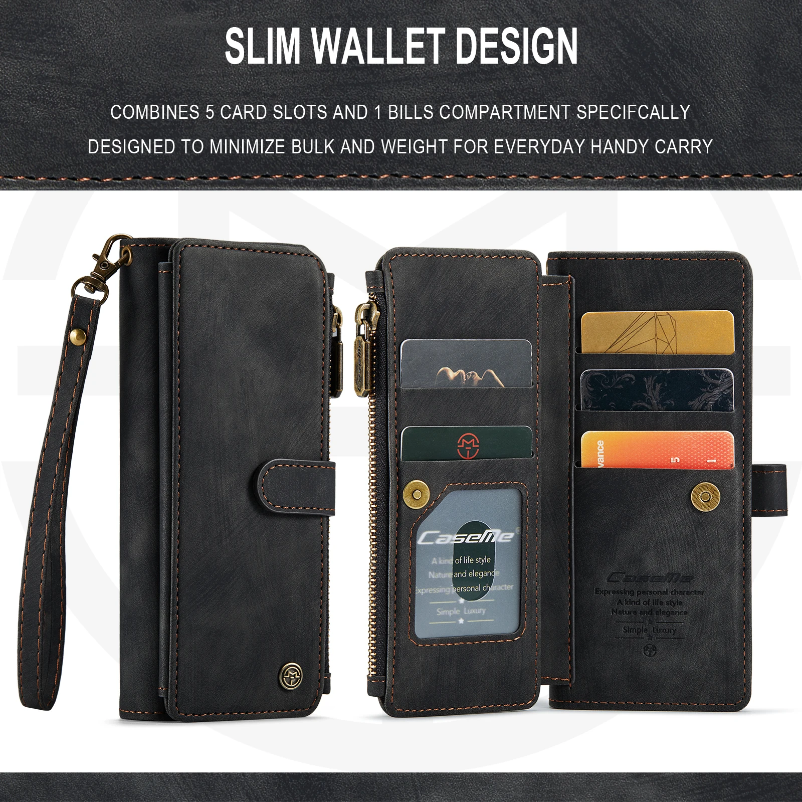 for Samsung Galaxy Z Fold 3/4 Wallet Case,Durable PU Leather Magnetic Wallet Flip Lanyard Strap Wristlet Zipper Card Holder Case