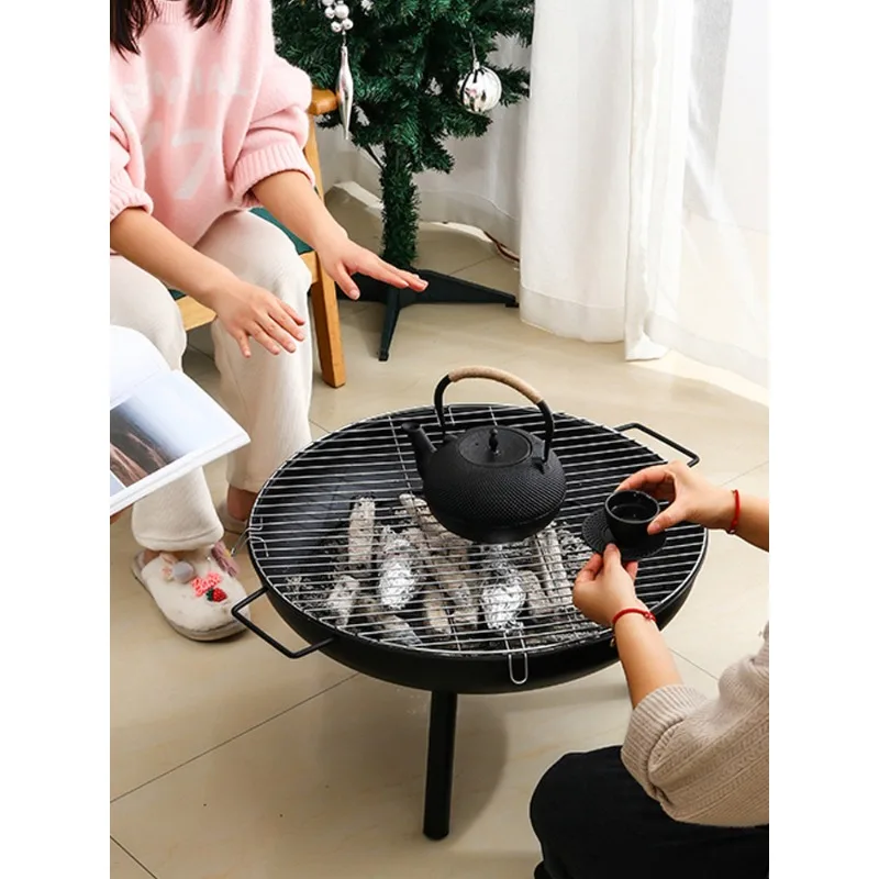 Round Portable Wood Charcoal Brazier Stove Outdoor Courtyard Heating Fire Pit For 3-5 People Daily Use