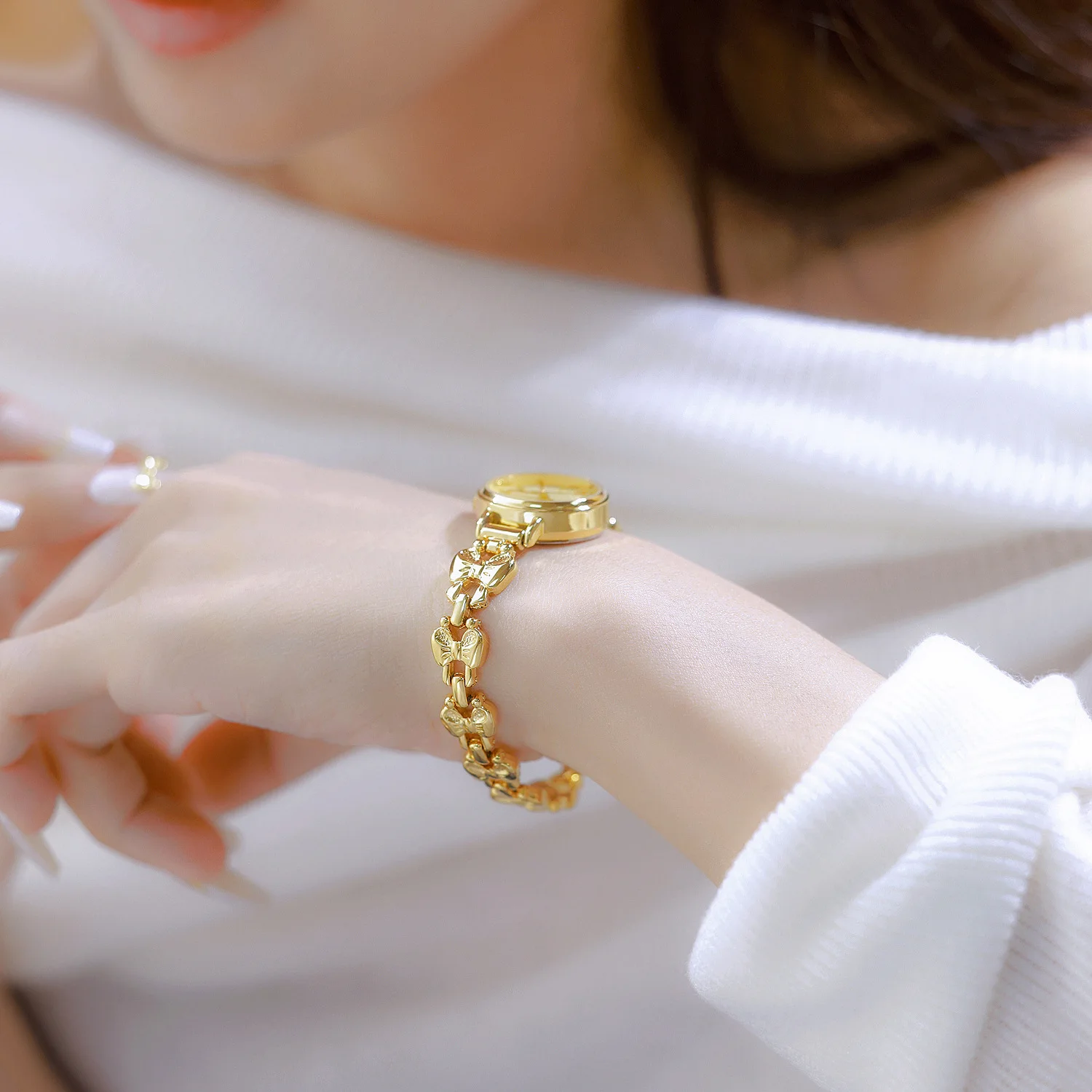 Reloj de cuarzo elegante resistente al agua para mujer, reloj de pulsera clásico de lujo con mariposa de oro rosa y banda de acero inoxidable para mujer