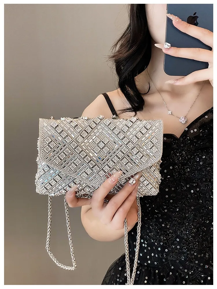 

Dame Evening Gown with Diamond-Encrusted Handbag, Small Single Shoulder Evening Bag, Ladies Handheld Bag