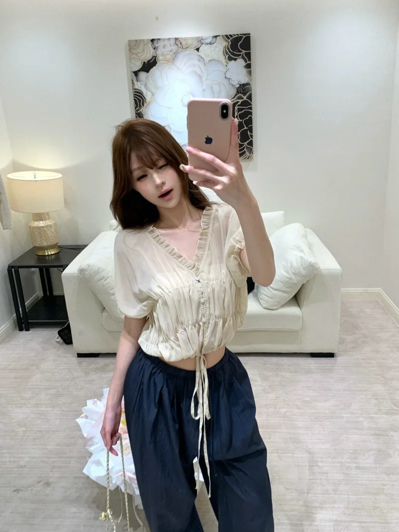 

Летняя женская рубашка RIZZMA из шифона с утягивающим эффектом на талии, короткими прозрачными рукавами-фонариками, охлаждающая, приятная для кожи, дышащая