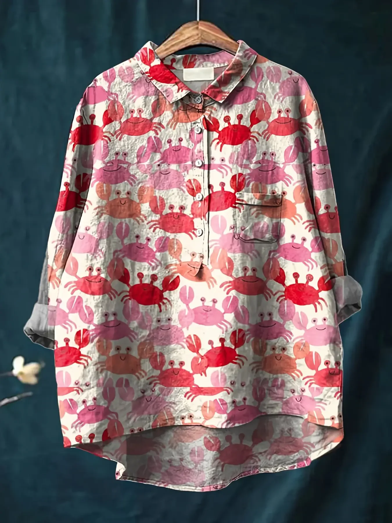 

2206 Spring/Summer/Autumn Wearing Women's Printed Collar Shirt - Cute red and pink little crabs