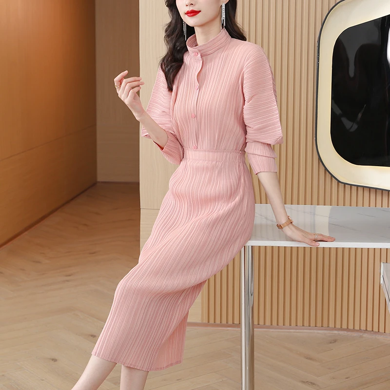 

Miyake Pleated Long Sleeve T-shirt Solid Color Long Dress Two Piece Set 2023 New Women's Standing Neck Loose Large Slim Set