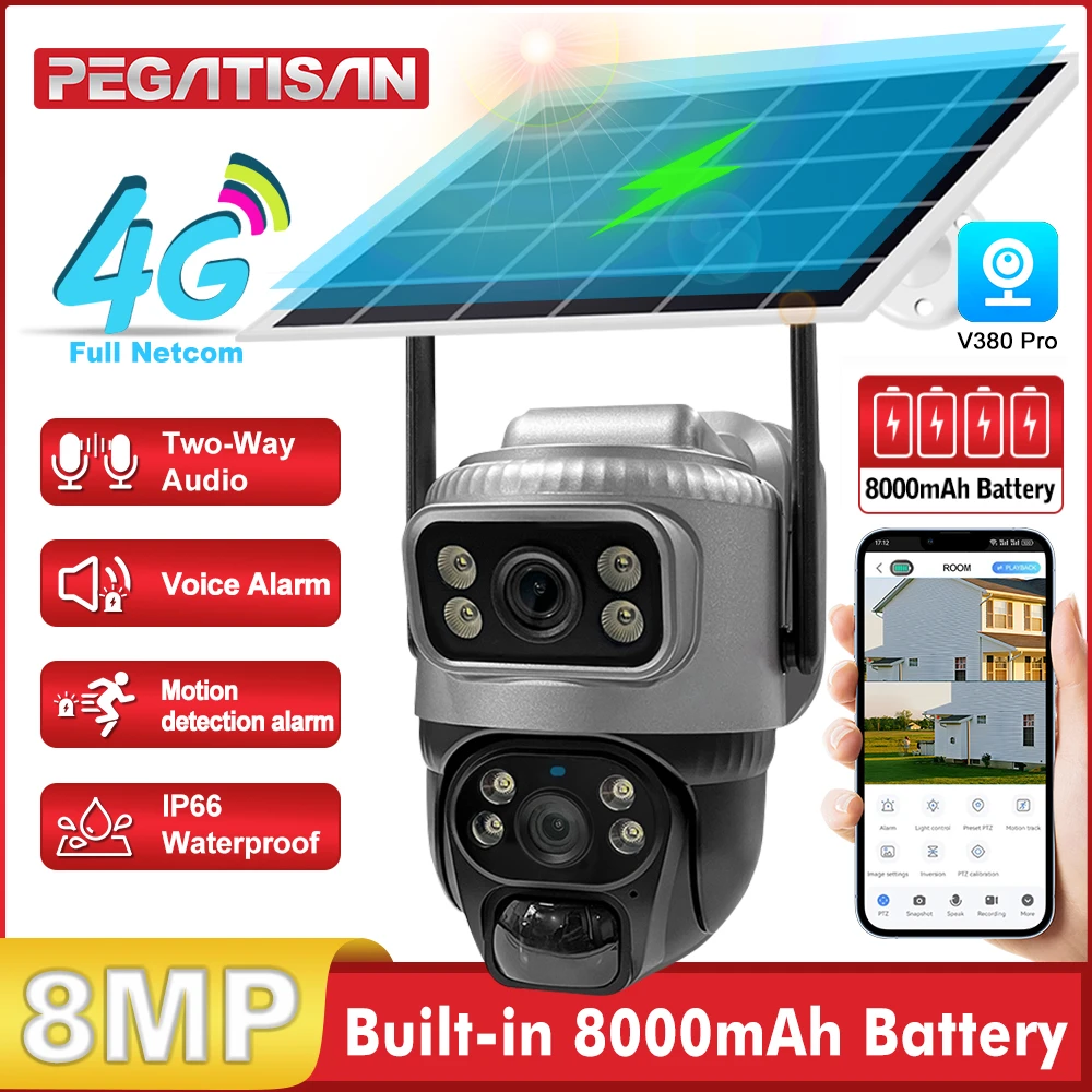 

V380 Dual Lens 4G Solar Camera PIR Human Detection Night Vision Security Video Waterproof IP Camara 8MP 4K Battery CCTV Monitor