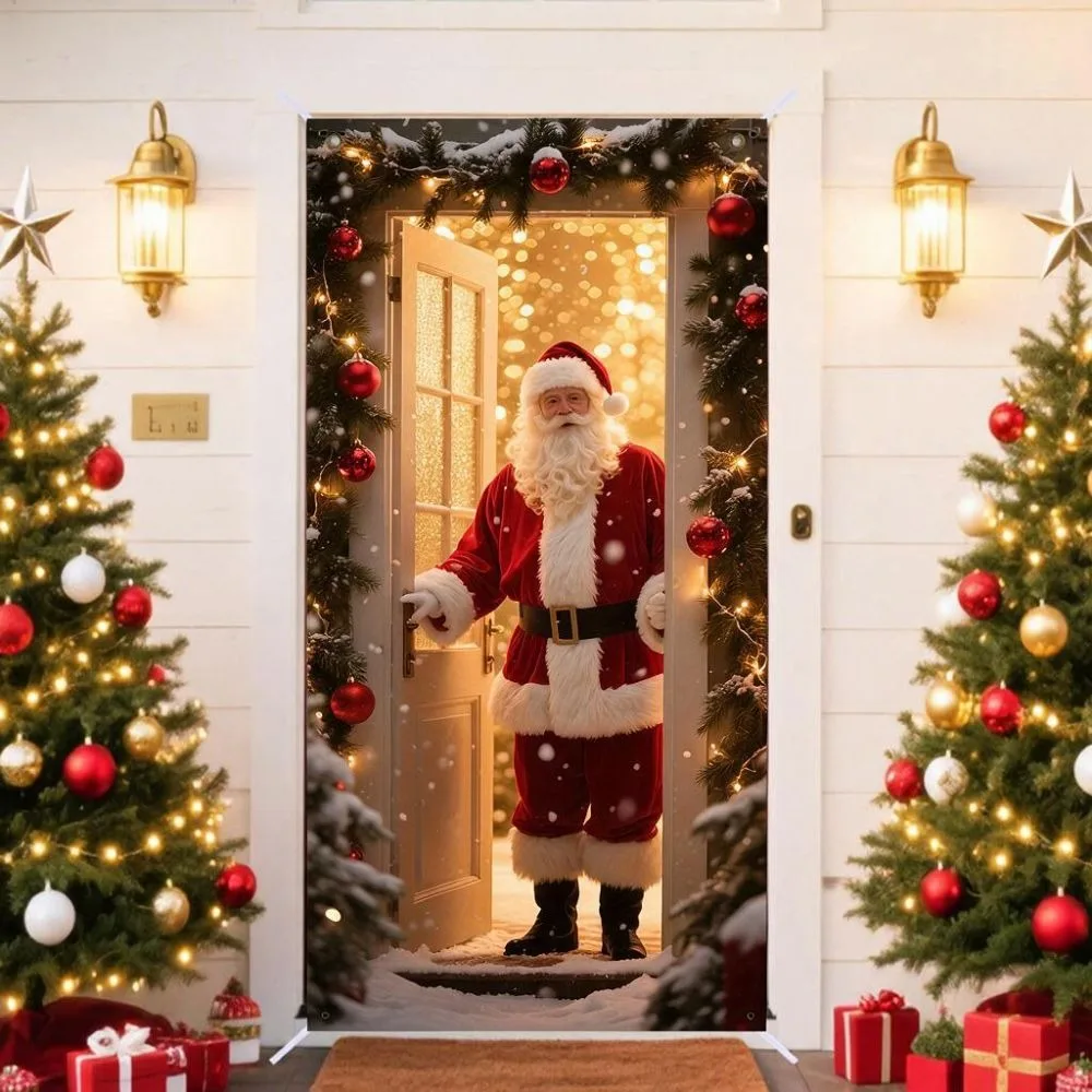 Santa Claus Pattern Christmas 2D Door Banner Rectangular Perforated Strap Fastening Christmas Door Cover Hanging Polyester