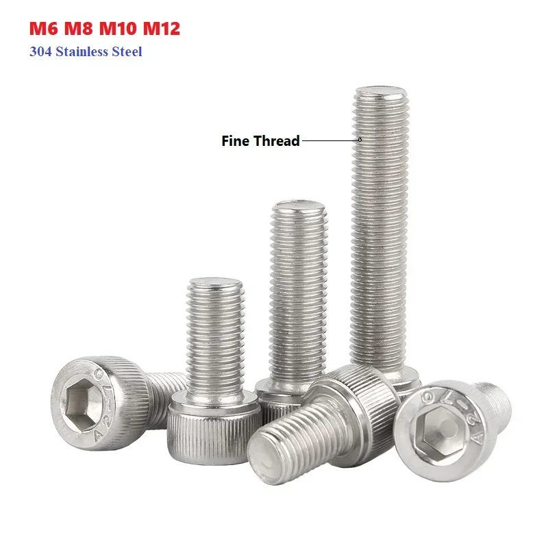 

304 Stainless Steel Fine Thread Hexagon Socket Screw Allen Cap Bolts M6 M8 M10 M12 Pitch 0.75/1.0/1.25/1.5mm