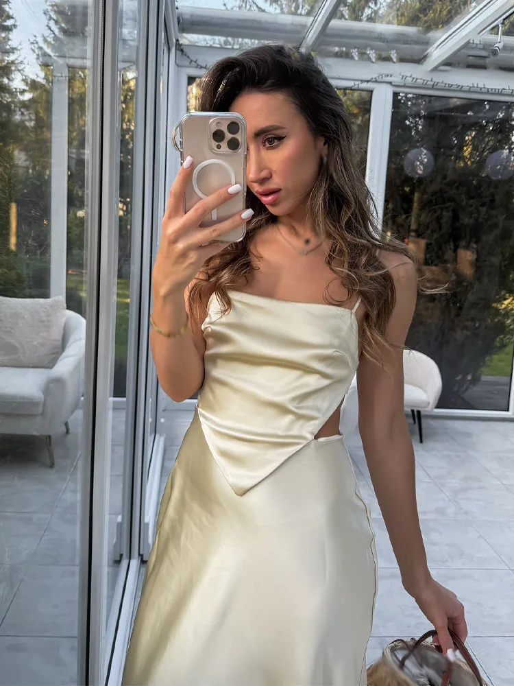 여름 여성 비치 스타일 사이드 지퍼 슬리브리스 백리스 레이스업 장식 드레스 여성 솔리드 새틴 텍스처 슬링 드레스