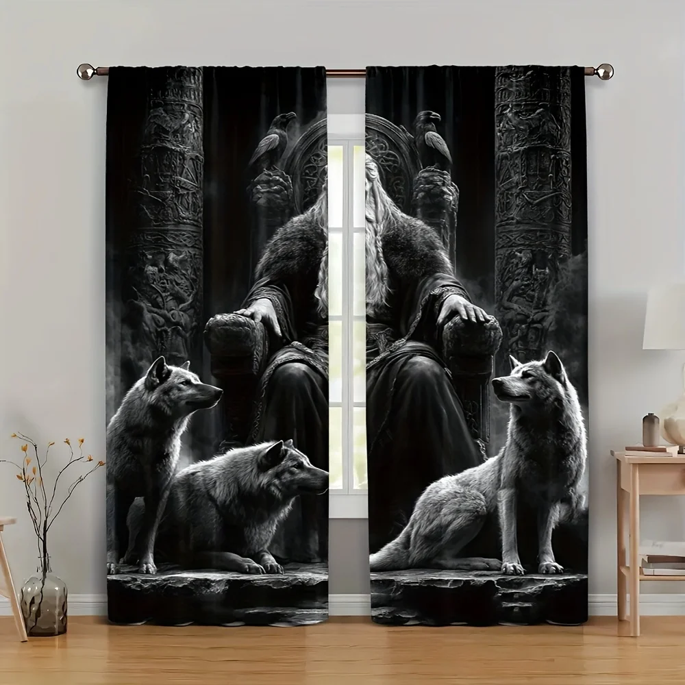 Viking God Curtain, Wolf Warrior Window Drape, Norse Mythology Blackout Panel, Living Room Bedroom Home Decor