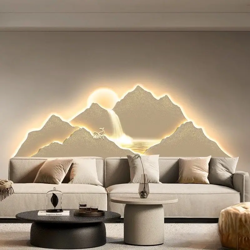 light luxury sofa background hanging paintings, Rizhao mountain walls, luminous paintings with lights