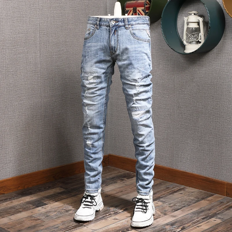 

Newly Designer Fashion Men Jeans Retro Light Blue Elastic Slim Fit Ripped Jeans Men Vintage Patchwork Casual Denim Pants Hombre