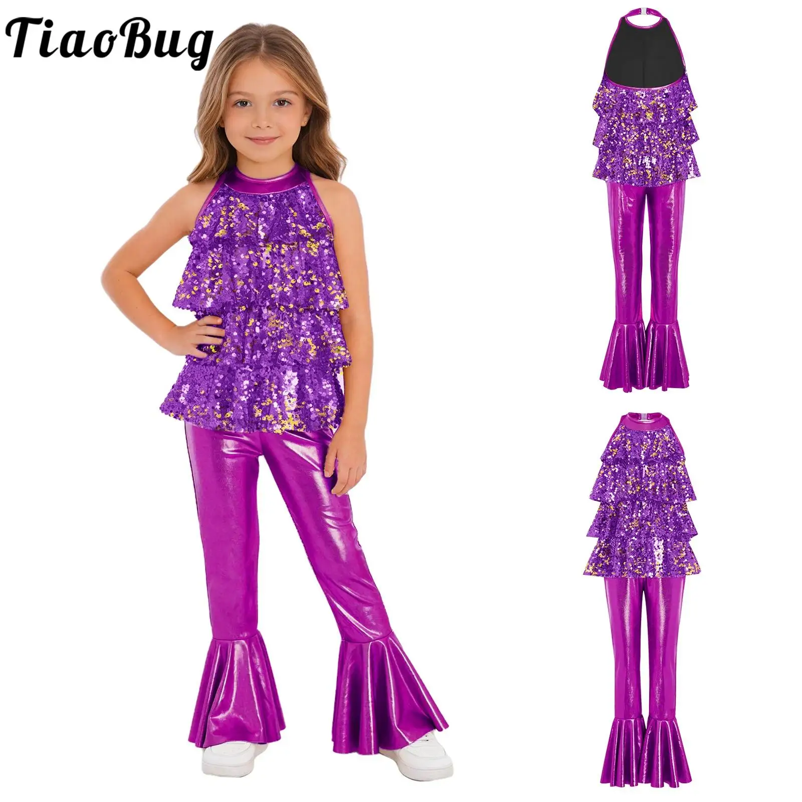 

Детский комбинезон для девочек с пайетками и многоярусными оборками, без рукавов, с вырезом халтер, расклешенный, для джаза, танго, танцевальных выступлений и дискотек