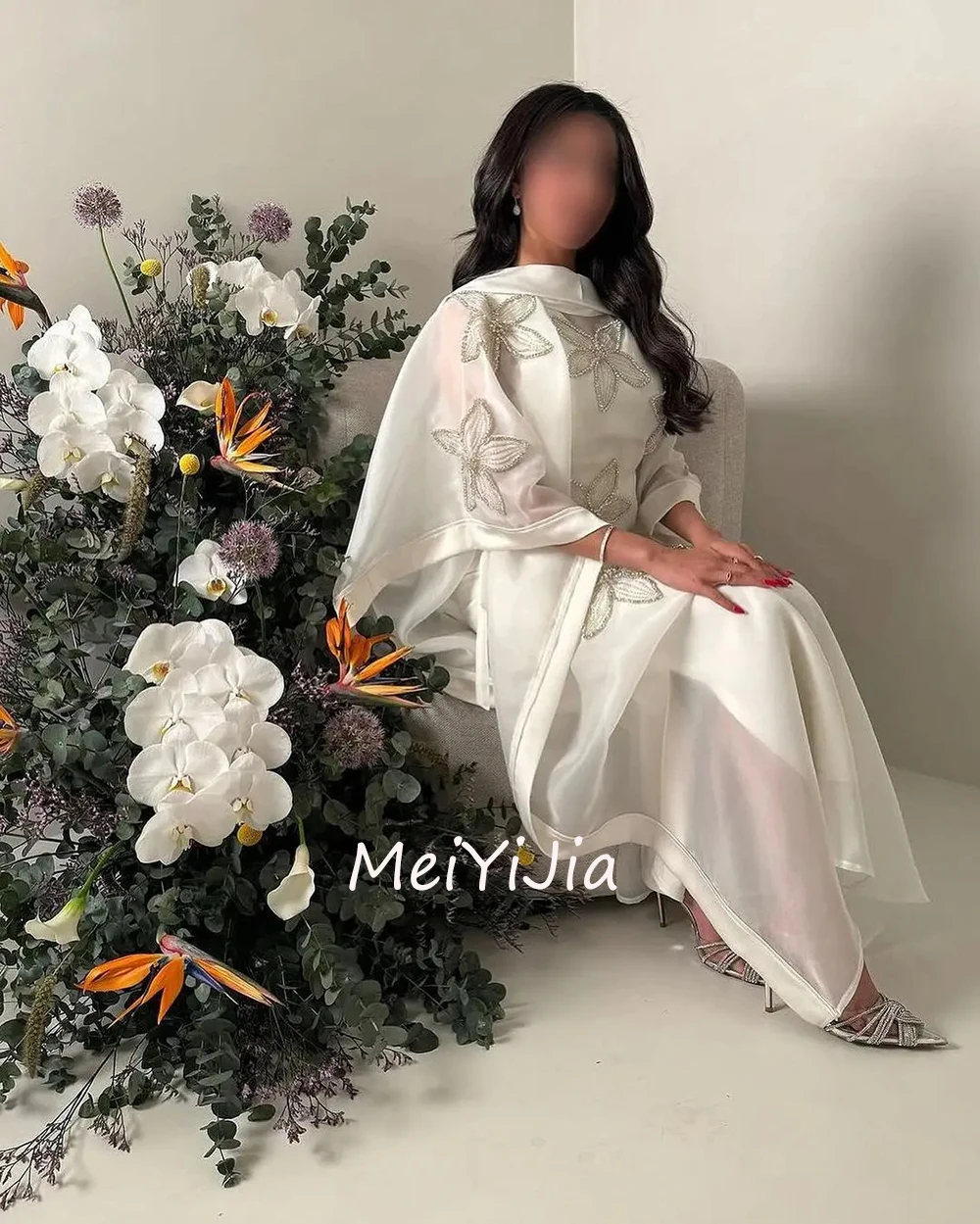 MeiYiJia HighNeck Simple Embroidery Beaded Crepe Ankle-Length A-Line Saudi Arabia Sexy Evening Birthday Club Outfits Summer 2024