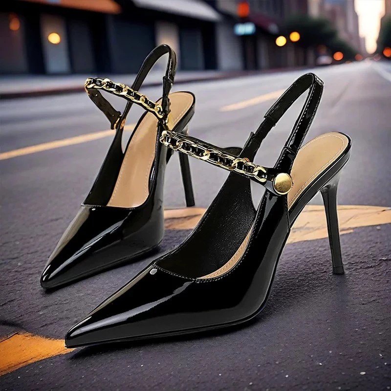 

Baotou Sandals Autumn New Pointed Toe Shallow Mouth Metal Chain Slip-on Non-Slip High Heels