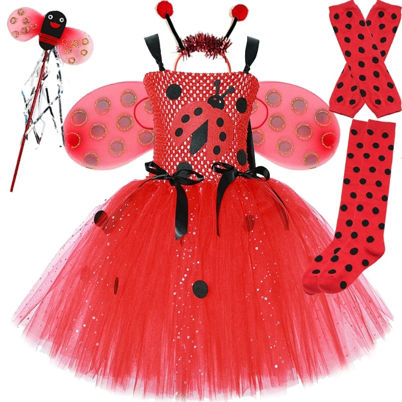 Ladybug Fairy Dress for Baby Girls, Kids Christmas & Halloween Stage Performance Outfit, Red Polka‑dot Insect‑themed  Dress