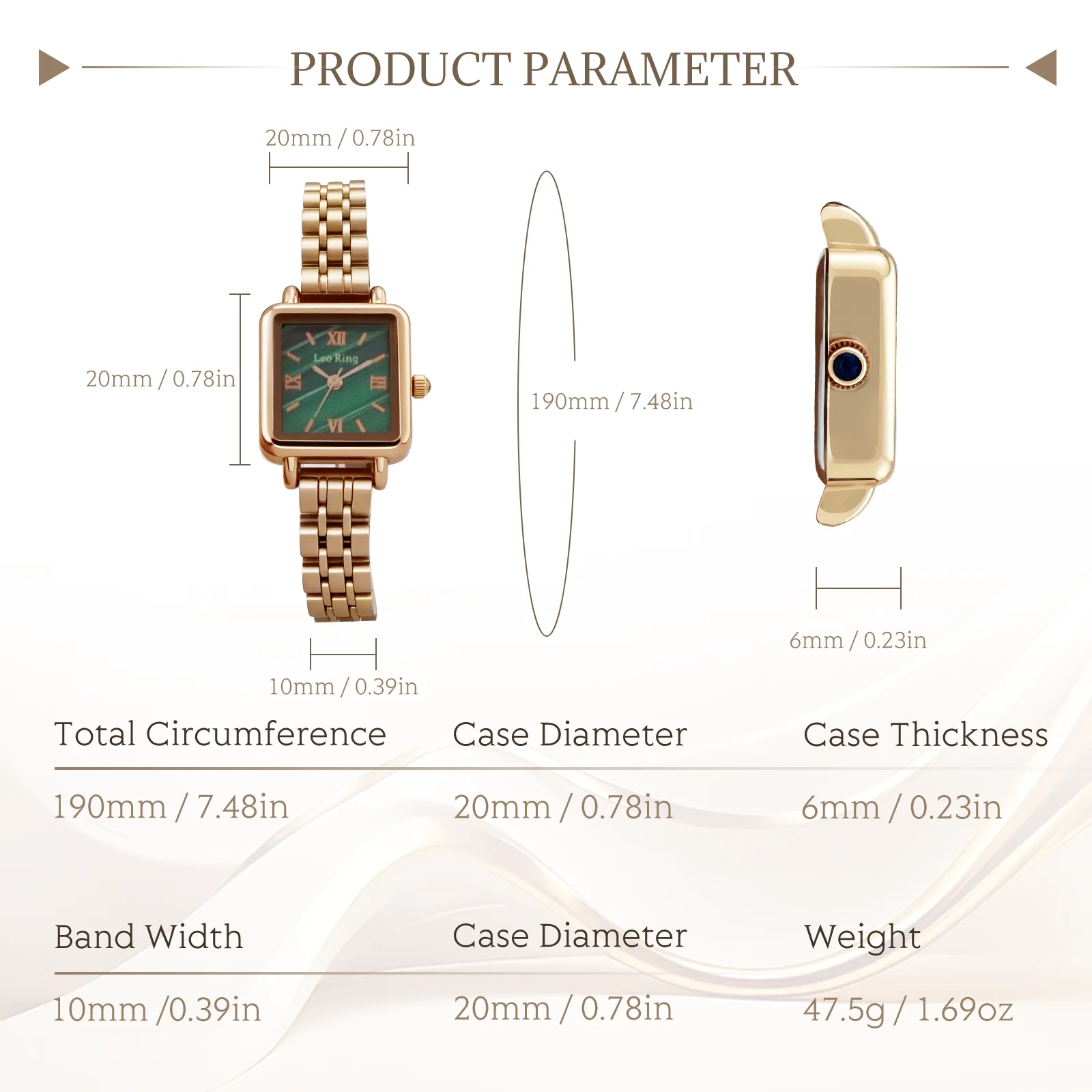 LEO RING Women's Square Watch, Elegant Business Quartz Roman Numeral Display, Rose Gold Watch/Green Face Stainless Steel Strap