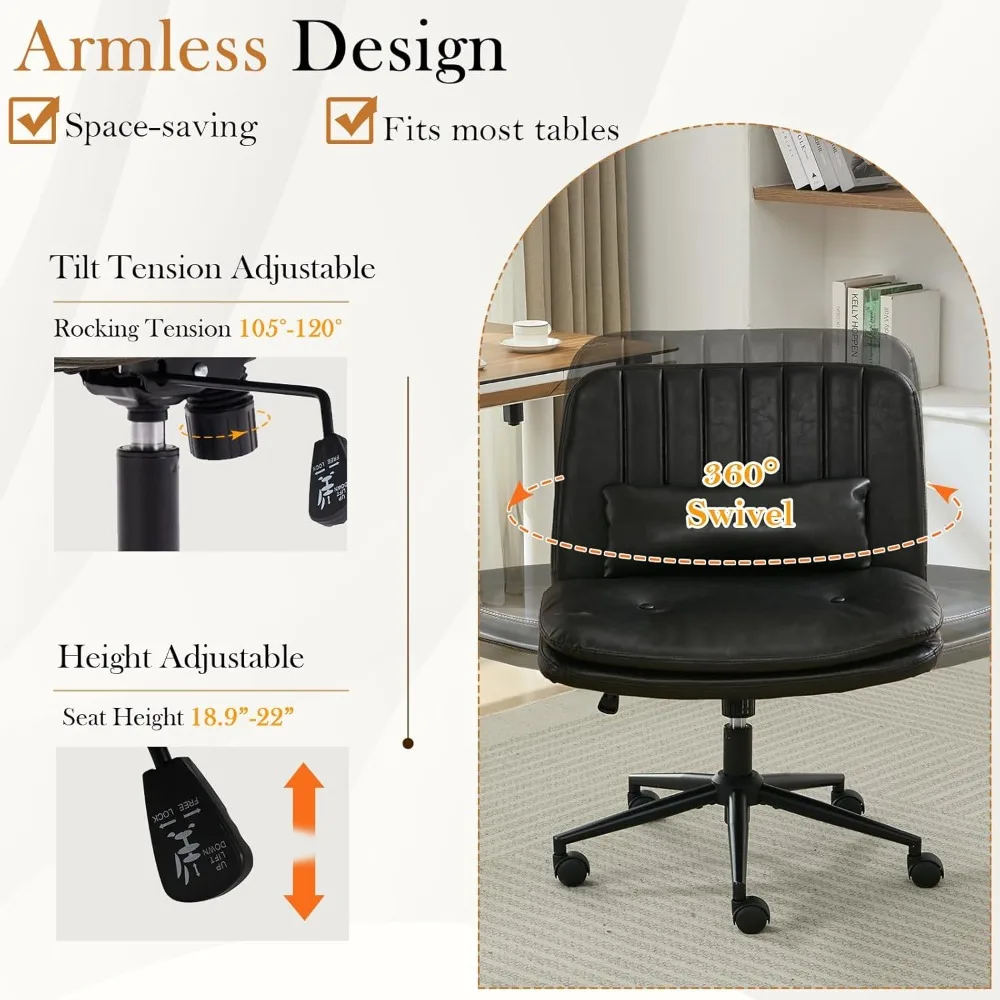 كرسي متقاطع مع عجلات، وسادة سميكة مريحة بدون ذراع، مقعد عريض، كرسي مكتب بأرجل متقاطعة مع وسادة، دوارة قابلة للتعديل #6