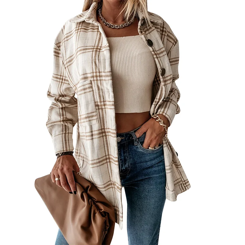 Checkered Shirt Women\'s 2021 Autumn/Winter New Loose Medium Long Woolen Jacket For Women