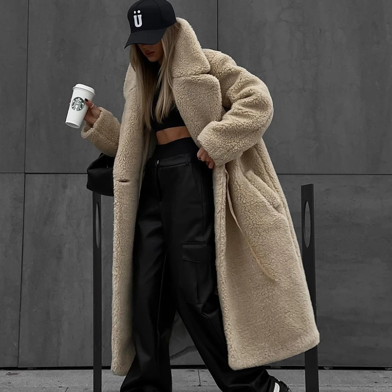 

Women's V-Neck Pocket Button Long Warm Overcoat Winter New Female Streetwear Wool Jacet Coat