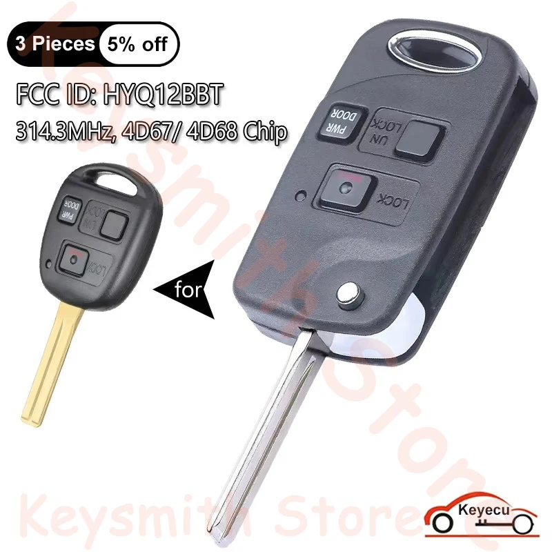 KEYECU 3 Buttons 314.3MHz 4D67 4D68 Chip for Lexus RX330 RX350 RX400h RX450h Auto Flip Remote Control Key Fob FCC ID: HYQ12BBT