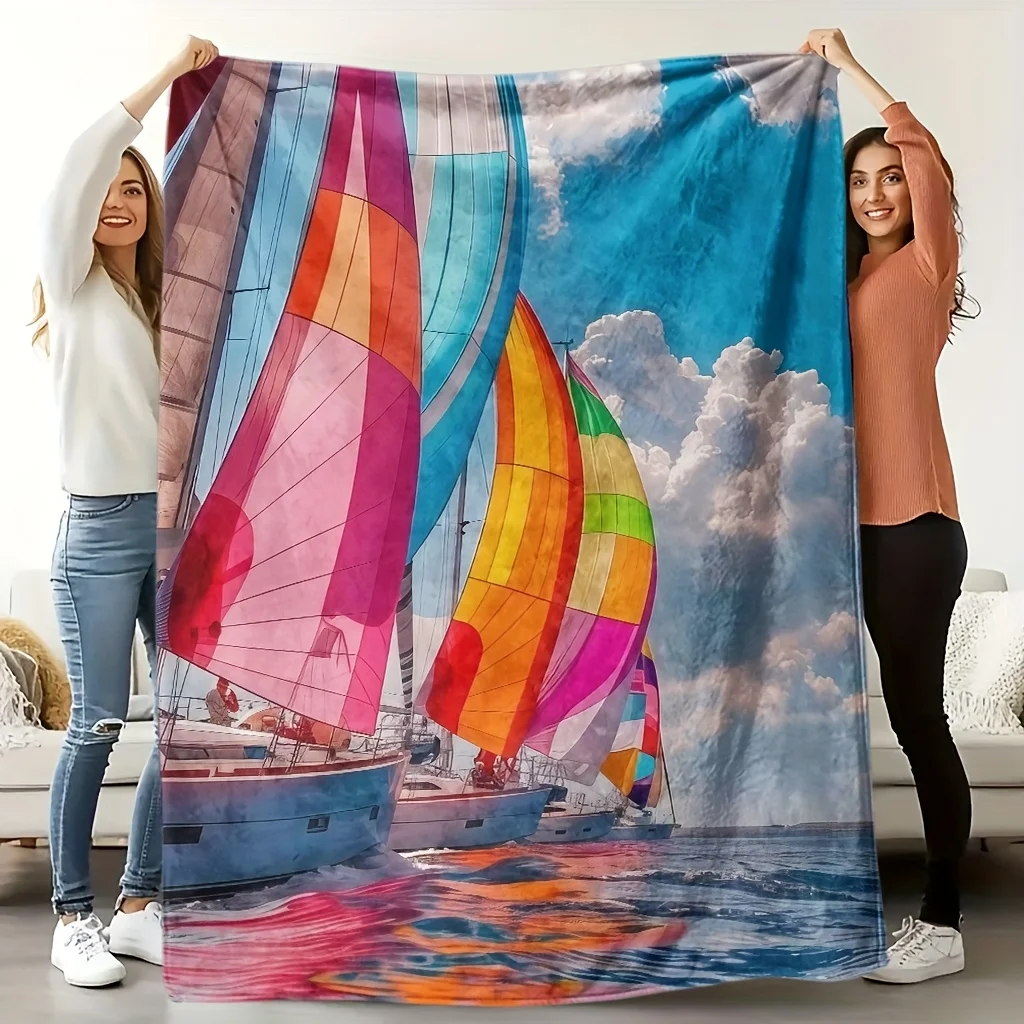 Cozy Multicolor Sailboat Theme Flannel Blanket - Soft, Breathable  Polyester, All-Season Comfort, Machine Washable, Perfect