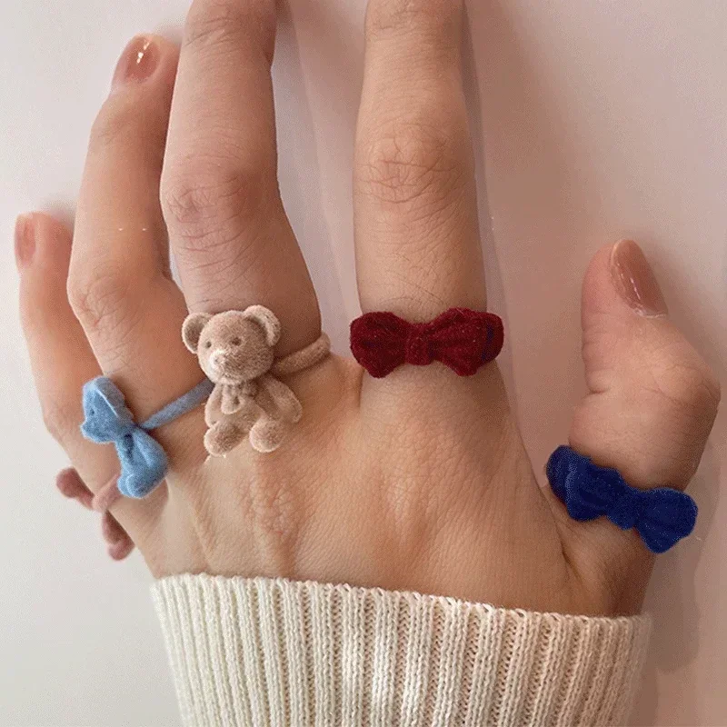 Vintage Flocking Rings for Women Bow Knot Velvet Bear Ring Girls Party Proposal Wedding Jewelry Christmas New Year Gift