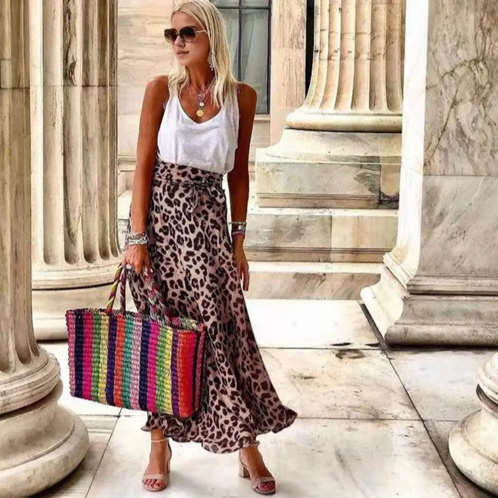 Spring Summer Maxi Skirt Leopard Print Maxi Skirt High-waist Flowy Hem with Belt Chic Commuting Style for Women