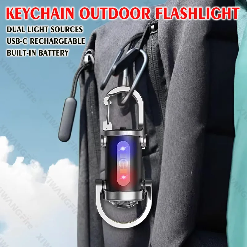 Powerful Mini COB LED Keychain Flashlight USB-C Rechargeable Hanging Work Light Waterproof Keyring Camping Walking Pocket Lamp