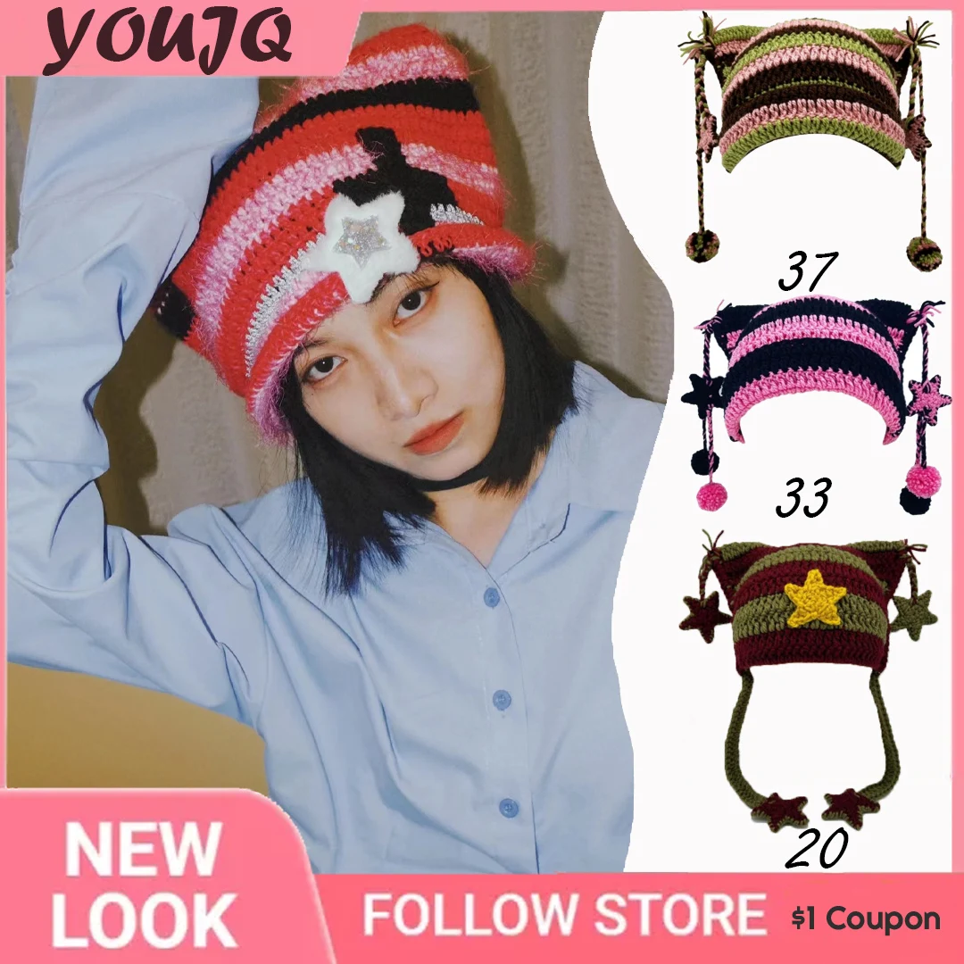 Y2K Crochet Stripe Pattern Handmade Cat Ear Hat Soft Winter Warmer Knitted Hat Cold Winter Presents for Students Teenagers Gorra