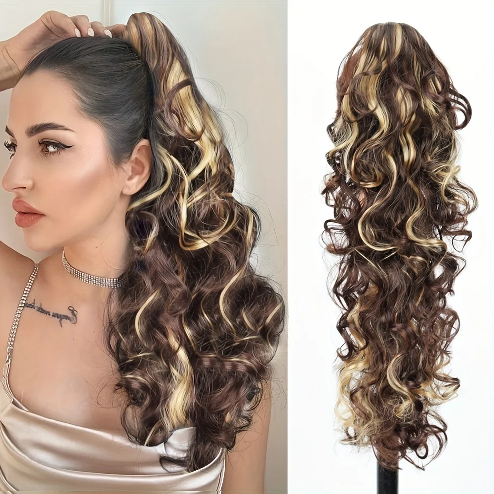 

Claw Clip in Ponytail Extension 24 Inch Long Curly Wavy Pony Tail Natural Soft Synthetic Hairpiece for Women Daily Use