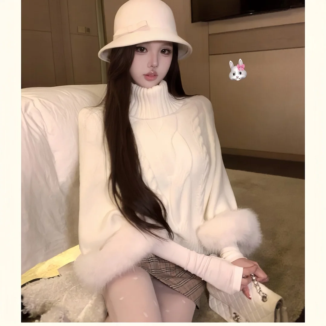 

Ретро слип с высоким воротником и твидовым узором, пушистый вязаный свитер, женский свободный мягкий зимний свитер, Новое поступление, шерстяной свитер irt