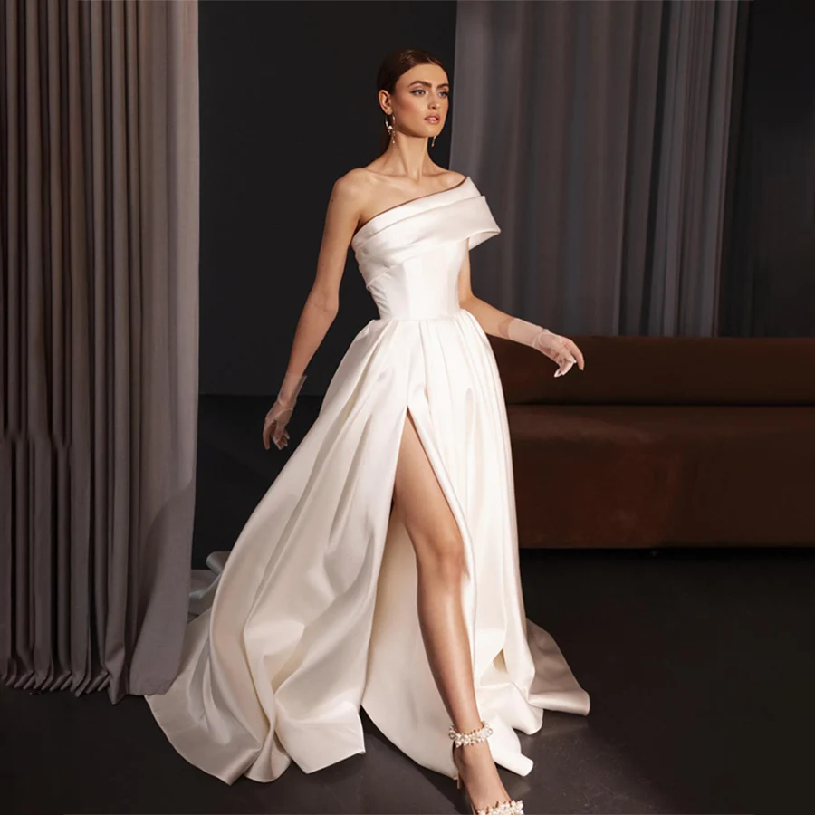 

Customized Off-Shoulder Sleeveless Wedding Dress A-Line Front Split Backless Zipeer Evening Gowns vestidos de fiesta