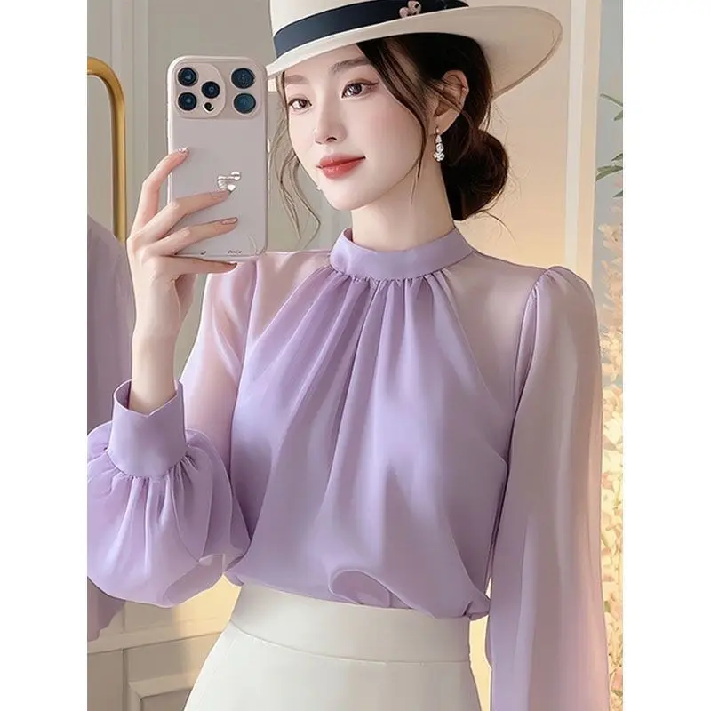 Early Autumn Korean Style Chic Women's Long Sleeve Chiffon Shirt Sun Protection Purple Color Commute Fashion High End Feeling