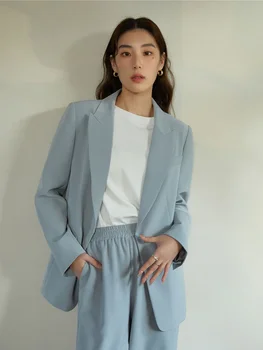 DUSHU Arbeitsplatz Pendeln Flip Kragen Anzug Jacke für Frauen Frühling Einfache Temperament Büro Dame Solide Lose Blazer Weibliche