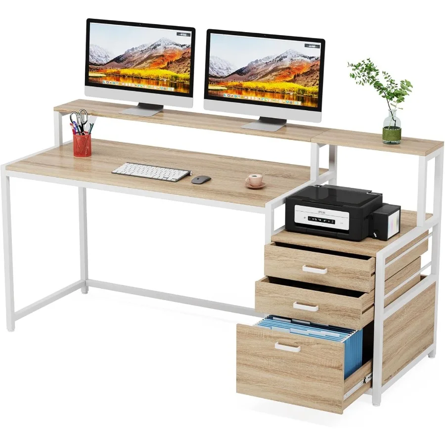 63 Inch Computer Desk With File Drawer Cabinet, Ergonomic Office Desk With Monitor Stand, Industrial Computer Table With Printe