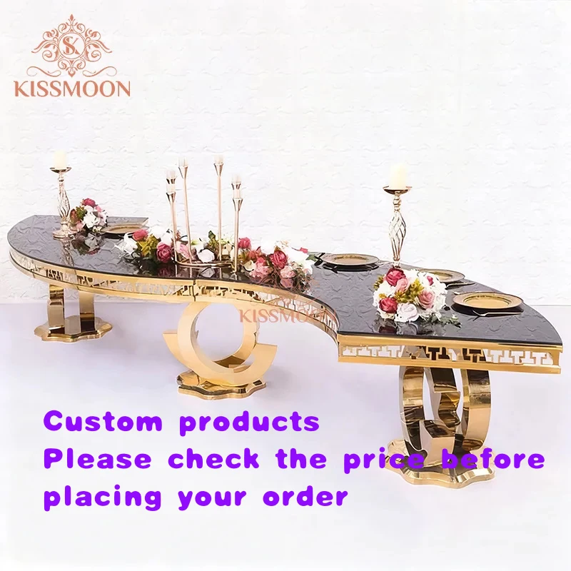 custom.Modern Luxury Hotel Event Table Golden Stainless Steel Frame Tempered Glass Top Serpentine Wedding Table