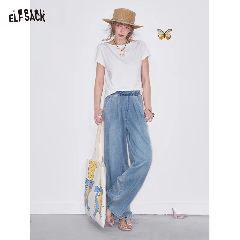 ELFSACK High Waist Wide Leg Jeans for Women, Casual Loose Fit Denim Pants with Elastic Waist, Lightweight Washed Trousers