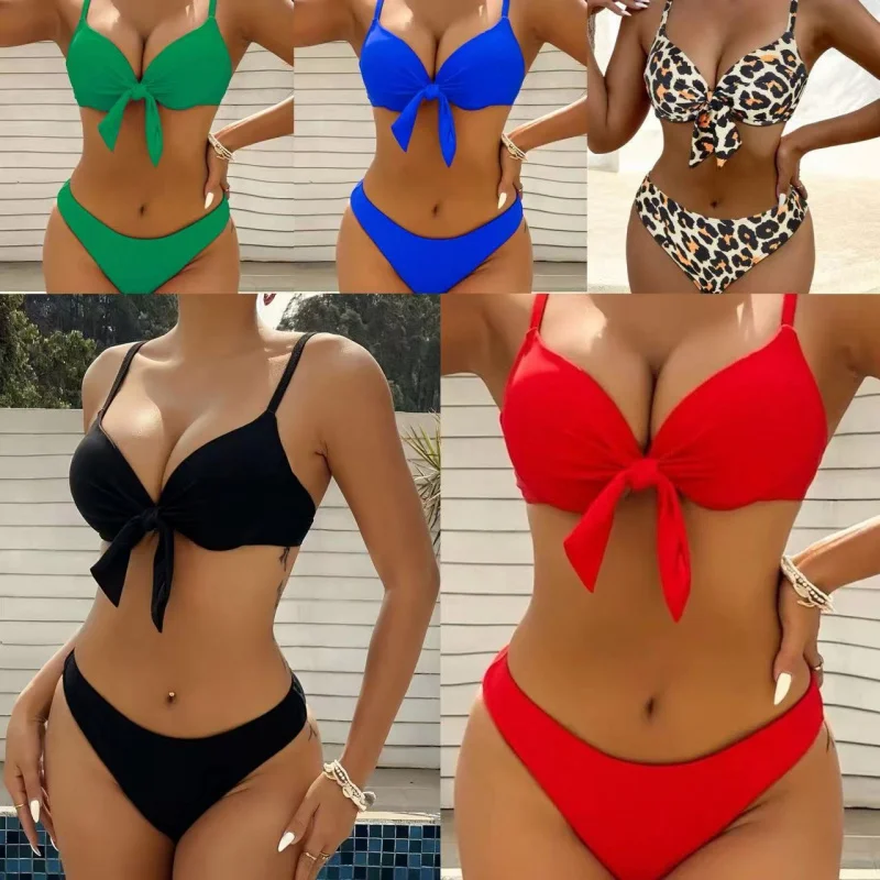 

2026Two-piece swimsuit, sexy solid color bikini, backless tie-up swimwear for vacation