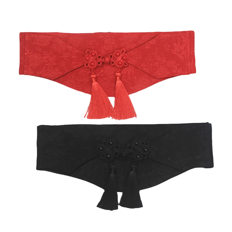 المرأة خمر الأسود مطاطا شرابة Cummerbunds النمط الصيني القديم فستان Hanfu الكورسيهات الخصر الحلي حزام أحزمة واسعة