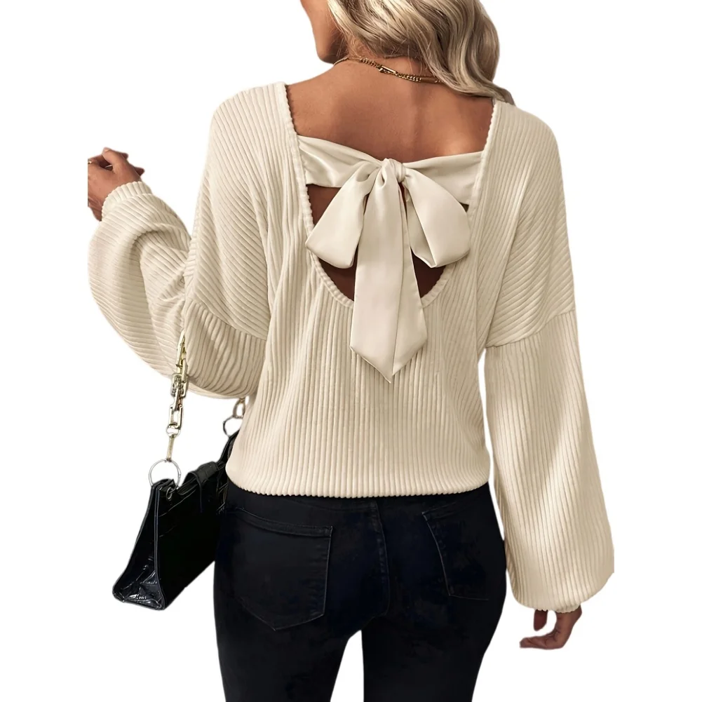 Women's Summer Knit for top Long Sleeve Loose Cut with Elegant Back Bow and Openwork Ribbed Pattern for Casual Wear