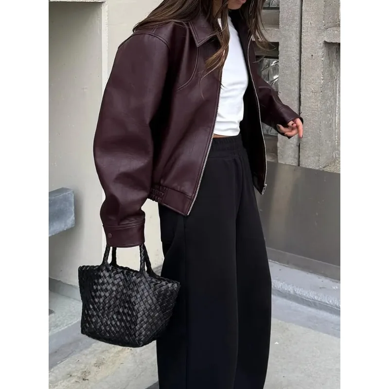 Lapela de couro curto casaco retro feminino zíper manga longa jaquetas femininas 2025 nova moda outono alta rua jaquetas