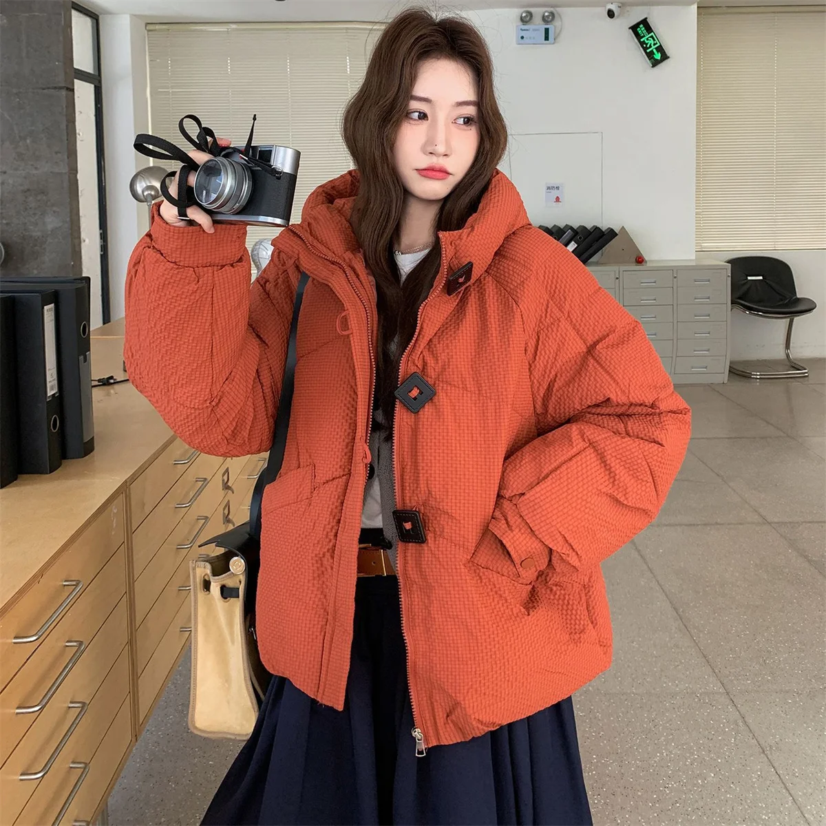

Winter Korean Casual Cotton Jacket Women's Short Loose Hooded Down Coats Parkas Zipper Pockets Thick Windproof Female Outerwear