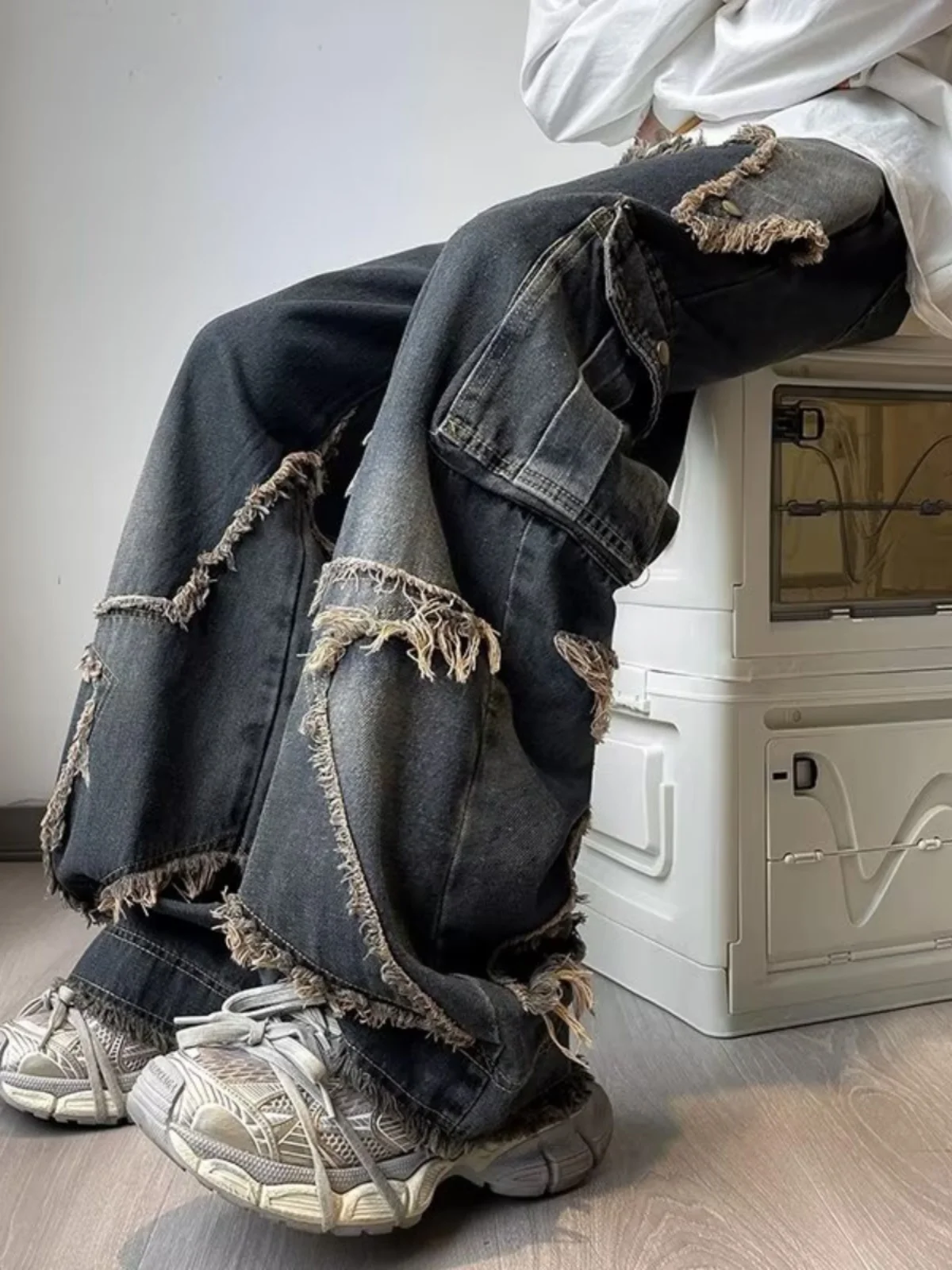 

Retro American Star Design Men's Jeans Large ket Frayed Wide Leg Long Trousers Spring Autumn Wear Workwear Denim Jeans